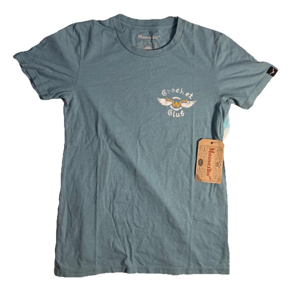 Moosejaw Women's Graphic Crochet‎ Club Skull T-Shirt Sky Blue Cotton Medium